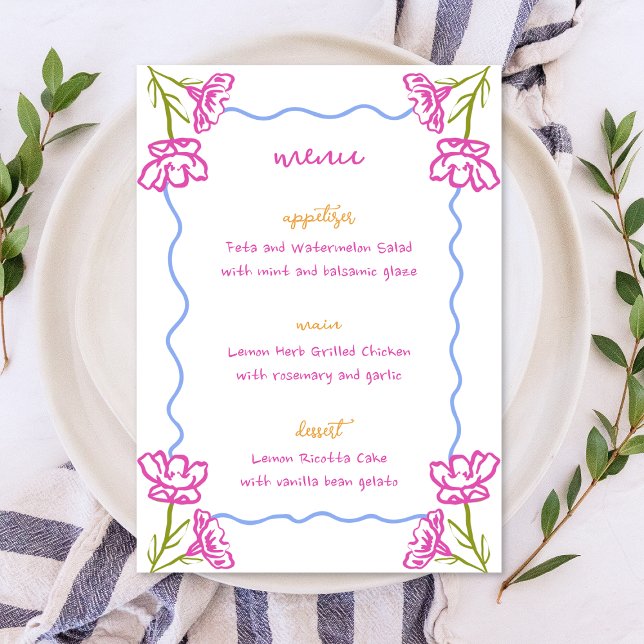 Menú Bougainvillea Boda floral italiana (La Dolce Vita on your table! This whimsical Mediterranean menu sets the tone for an elegant wedding )
