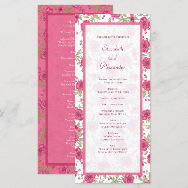 Menú Bright Pink Rose Wedding Programs (Anverso / Reverso)