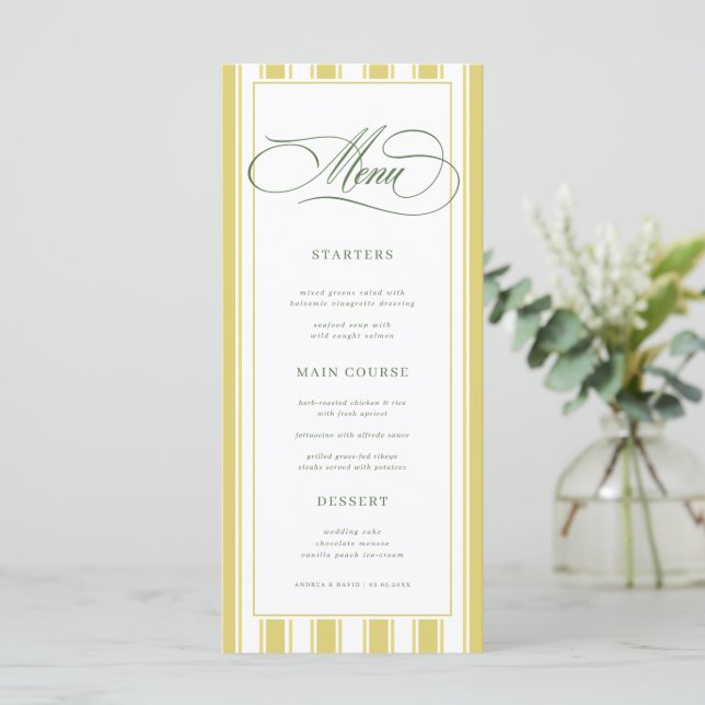 Menú Bright Yellow Green Zesty Stripes Classic Wedding (Anverso de pie)