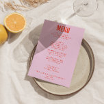 Menú Brillante Boda Retro Audaz Funky Moderno<br><div class="desc">Un colorido menú retro funky moderno y luminoso para la cena boda. Que presenta el diseño de plantillas de moda de fondo rosa boho vintage de color rosa pálido y tipografía naranja brillante. Y fondo naranja brillante. Perfecto y a juego con la suite.</div>