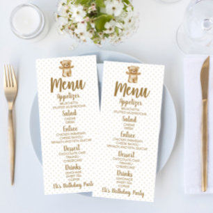 Menú Brown Teddy Bear Polka Dots Fantasía de cumpleaños