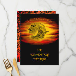 Menú Bruja voladora con gato negro, noche de halloween