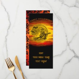 Menú Bruja voladora con gato negro, noche de halloween