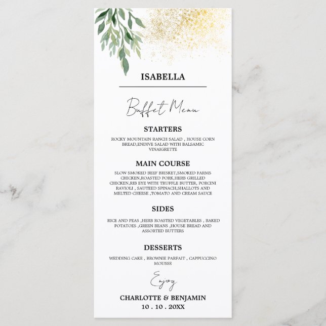Menú Buffet de Boda con Nombre de Invitado Único  (Anverso)