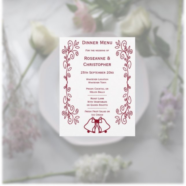 Menú Burgundy Bells Scrollwork Boda de diseño (Burgundy wedding dinner menu bells and scrollwork design)