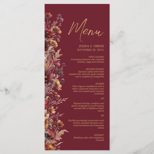 Menú Burgundy Boho Chic Wildflowers Elegant Wedding (Anverso)