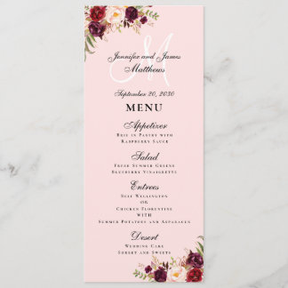 Menú Burgundy Floral Rubor Boda de monograma con escrit