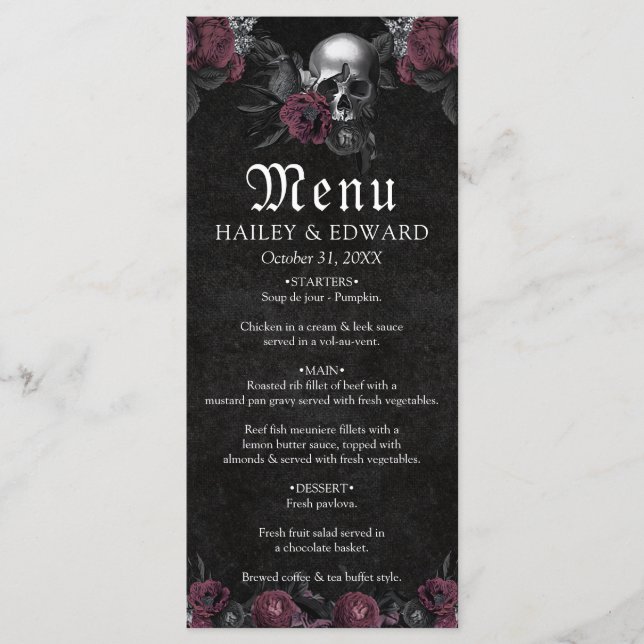 Menú Burgundy Gothic Floral Skull Boda de Halloween (Anverso)