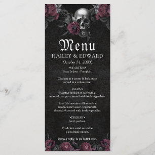 Menú Burgundy Gothic Floral Skull Boda de Halloween