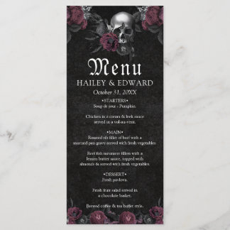 Menú Burgundy Gothic Floral Skull Boda de Halloween