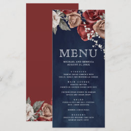 Menú Burgundy Red Roses Floral Navy Blue Wedding