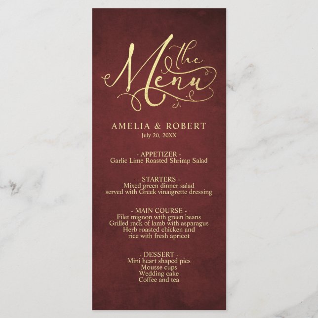 Menú Burgundy Whimsical Parchment Gold Calligraphy (Anverso)
