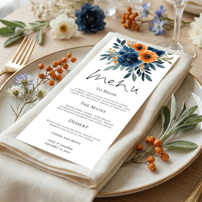 Menú Burnt Orange Navy Blue Florals Wedding (Subido por el creador)