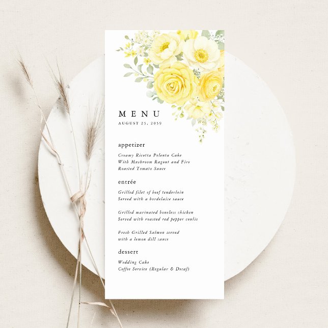 Menú Butter Yellow Ivory Floral Wedding Reception (butter yellow ivory floral wedding menu card yellow rose menu elegant reception table setting)