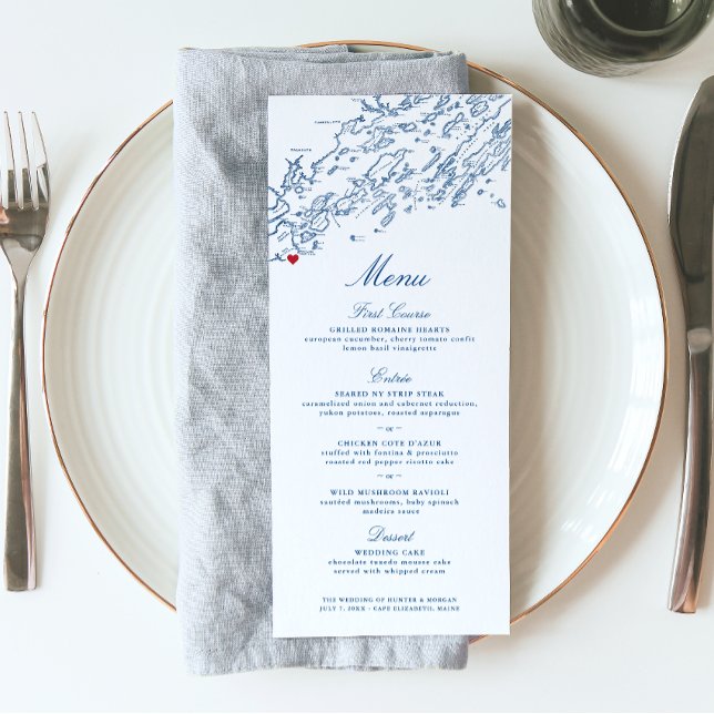 Menú Cabo Elizabeth Maine Map Elegante Boda Azul de la  (These navy blue Cape Elizabeth Maine wedding menus are perfect for a Casco Bay destination wedding.)