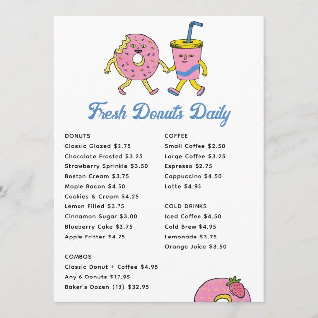 Menú Café de Donas y Café Quirky | Panadería Divertida (Anverso)