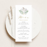 Menú Calabaza blanca acuarela y boda otoño de vegetació<br><div class="desc">Agregue un acento de caída a su tablescape con esta tarjeta de menú de personalizable. Cuenta con calabaza blanca acuarela y vegetación con un patrón floral a juego. Personalice esta tarjeta de menú agregando sus detalles. Esta tarjeta de menú de calabaza es perfecta para bodas de otoño, duchas para bebés,...</div>