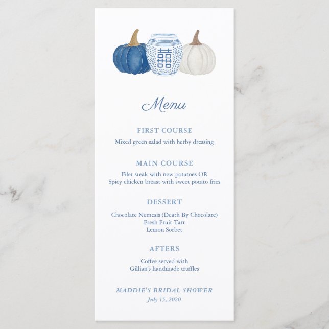 Menú Calabazas de estilo chinoiserie azul y blanco para (Anverso)
