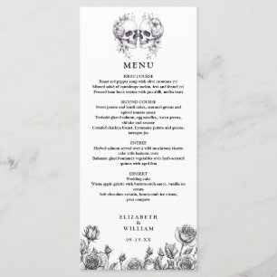 Menú Calaveras Florales Rosas Negras y Blancas Boda Gót
