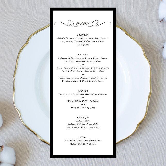Menú Caligrafía Boda formal de marco blanco y negro (Subido por el creador)