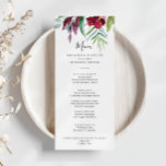 Menú Caligrafía Cena floral de colores tropicales<br><div class="desc">Esta carta caligráfica de platos florales de colores tropicales es perfecta para un boda rústico. Este encantador diseño pintado a mano presenta flores preciosas de color rubia, violeta y verde follaje cuidadosamente dispuestos en elegantes ramos. Este menú se puede utilizar para la recepción de bodas, la cena de ensayo, la...</div>