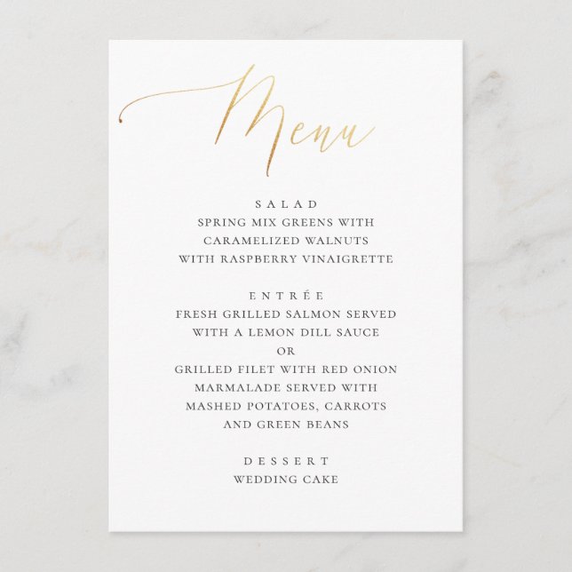 Menú Caligrafía clásica de oro | Elegante Boda formal (Anverso)