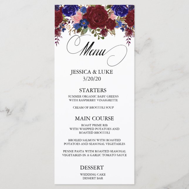 Menú Caligrafía del Boda floral de la Marina de Borgoña (Anverso)