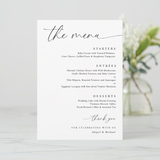 Menú Caligrafía delicada boda romántica moderna (Anverso de pie)