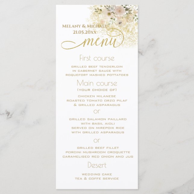 Menú Caligrafía dorada floral rosa suave (Anverso)