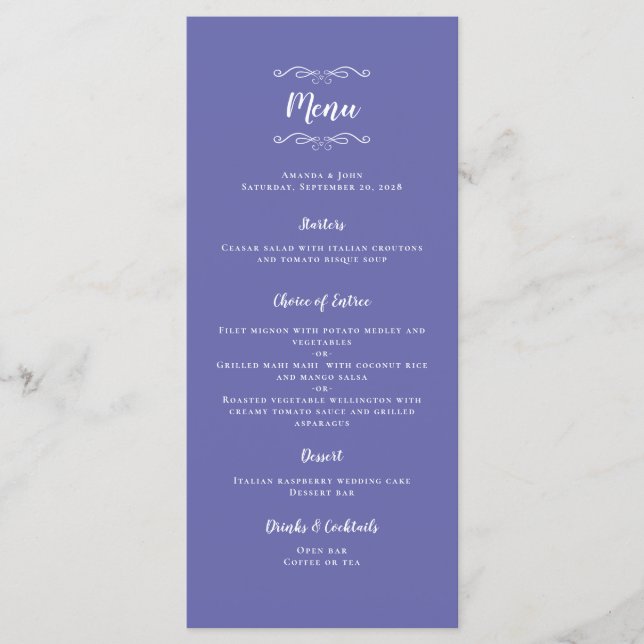 Menú Caligrafía elegante de boda azul pervinca de moda (Anverso)