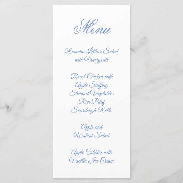 Menú Caligrafía elegante de letra Cornflower azul (Anverso)