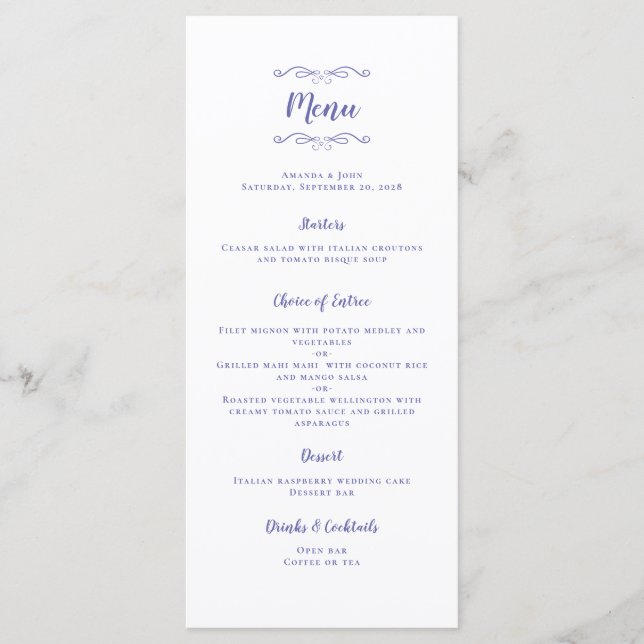 Menú Caligrafía elegante para boda azul pervinca chic (Anverso)