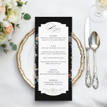 Menú Caligrafía floral negra Bella Artes<br><div class="desc">El diseño de este menú de moda se caracteriza por una vida floral holandesa del siglo XVIII, con tulipanes blancos, rojos y dorados y flores silvestres sobre un fondo negro con un sello central personalizado, gráficos florales complementarios y una elegante caligrafía personalizado fluida. La parte posterior presenta una corona floral...</div>