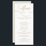 Menú Caligrafía moderna boda de oro y blanco intemporal<br><div class="desc">Un menú de bodas atemporal y elegante con un guión de caligrafía refinado sobre un fondo clásico,  perfecto para una celebración formal y sofisticada de los bodas. Para personalización o productos adicionales con este diseño,  por favor no dude en contactarme.</div>