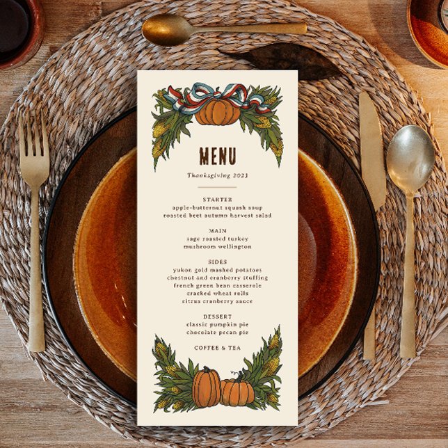 Menú Calurosa cosecha norteamericana Acción de Gracias (autumn harvest thanksgiving dinner menu with illustrated swags of corn stalks, pumpkin and ribbon)