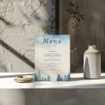 Menú Carta boda de pinos de invierno azul<br><div class="desc">Un paisaje sereno de selva de color azul y verde a lo largo del fondo, combinado con escritura azul clásica y fuentes serif para un aspecto refinado. Perfecto para bodas rústicos, exteriores o de temática natural, esta carta muestra sus platos y detalles personalizados en un diseño claro y elegante. El...</div>