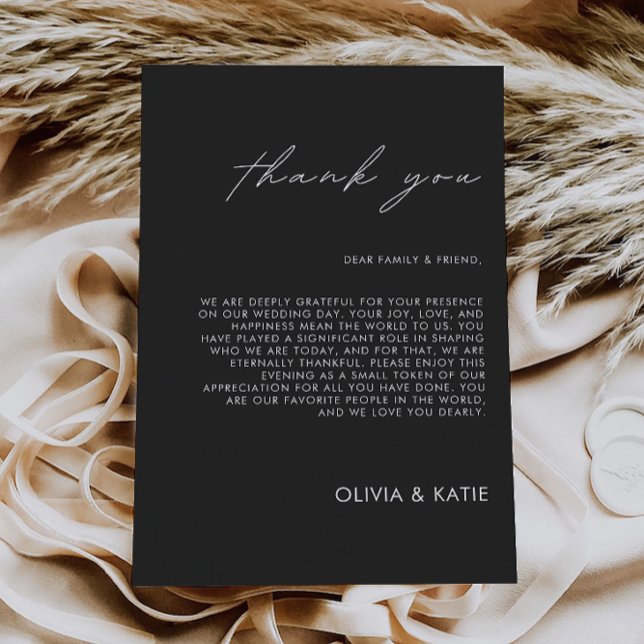 Menú Carta de agradecimiento negra, nota de servilleta (Black Thank You Letter, Napkin Note Menu)