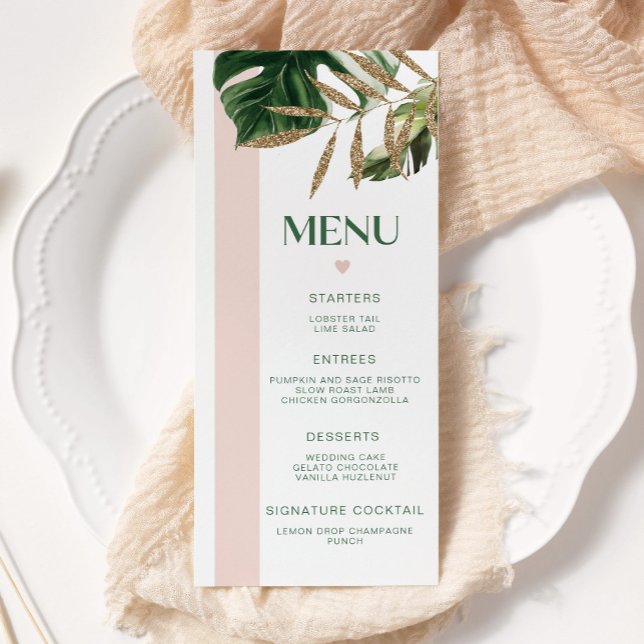 Menú Carta de boda tropical de palma de rayas rosas (Subido por el creador)