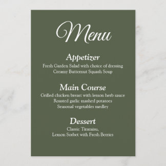Menú Carta de Boda verde oliva moderna y elegante