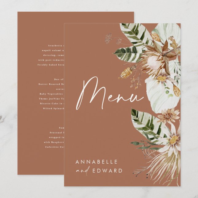Menú Carta de follaje moderno y elegante de terracota (Anverso / Reverso)