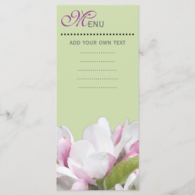 Menú Carta de la cena, flores de manzana rosa. (Anverso)