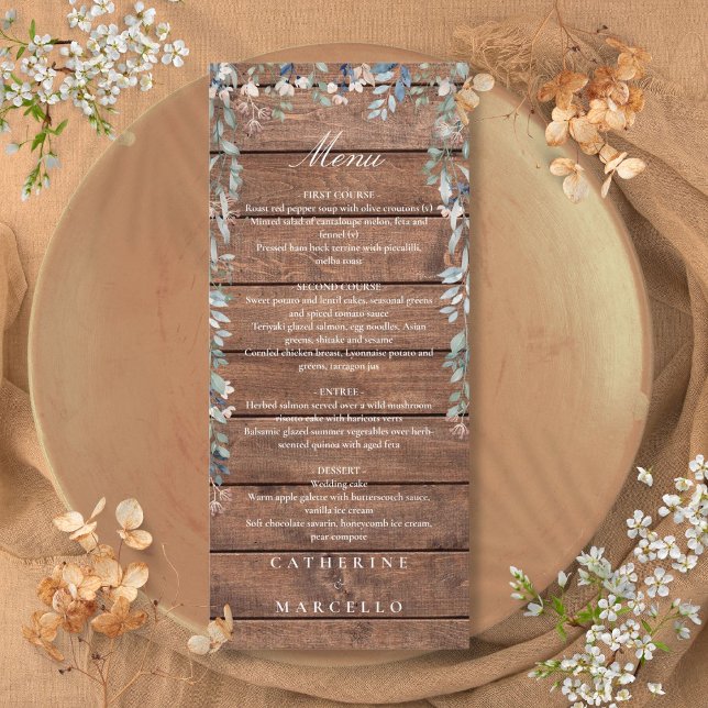 Menú Cascada Floral de Madera Rústica para Boda Cena Mo (Rustic Wood Floral Cascade Monogram Wedding Dinner Menu)
