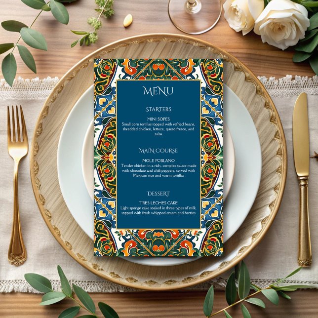 Menú casero elegante y verde azulado de Talavera (Mexican Talavera wedding teal  blue elegant wedding menu cards personalized table decor)