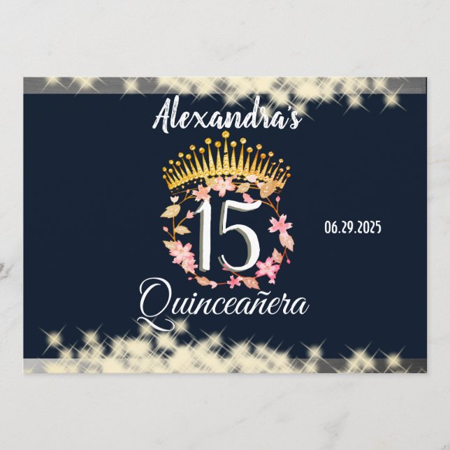 Menú Celebración de Quinceanera elegante de plata marin (Anverso)