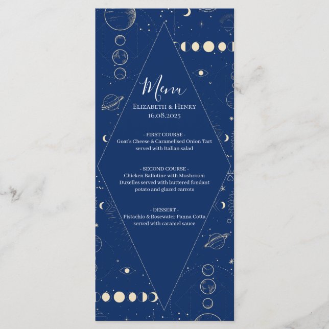 Menú Celestial cosmic ethereal sun moon stars wedding (Anverso)