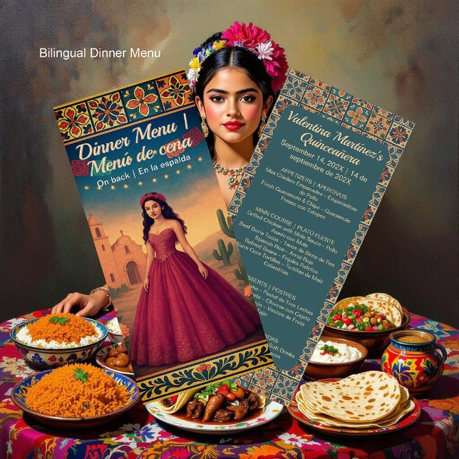 Menú Cena bilingüe de Chica de payasos rojos de quincea (Bilingual Quinceañera Vintage Red Gown Girl Dinner Menu)