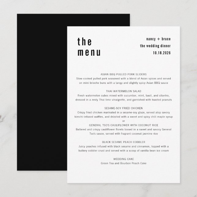 Menú Cena Boda blanco y negro de estilo ultra minimalis (Anverso / Reverso)