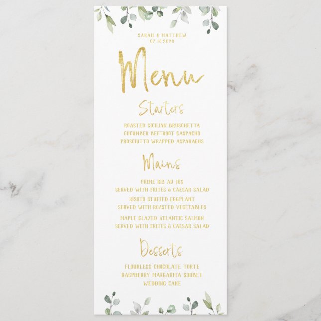 Menú Cena Boda clásico de caligrafía de guión dorado (Anverso)