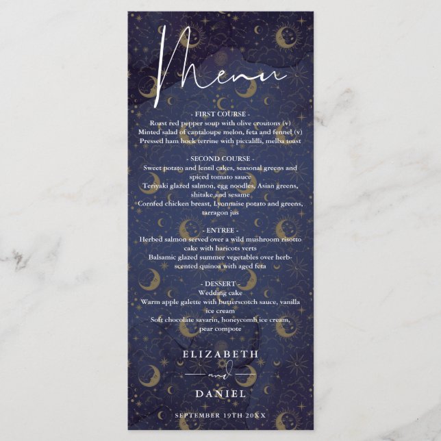 Menú Cena Boda de estilo elegante místico celestial (Anverso)