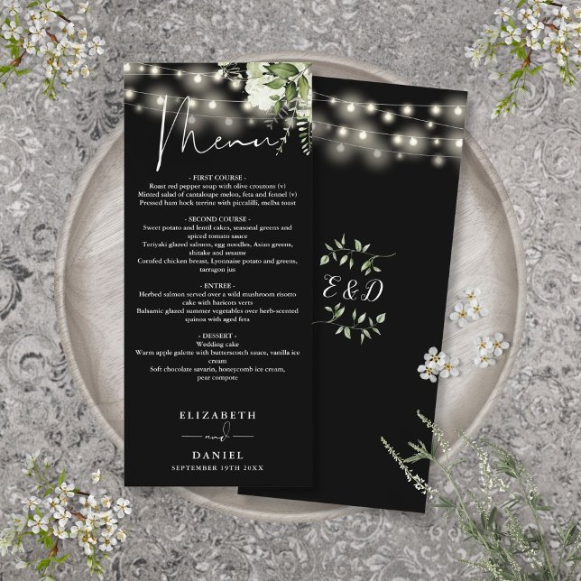 Menú Cena Boda De Luces Florales En Blanco Y Negro (Black And White Floral Lights Wedding Dinner Menu)